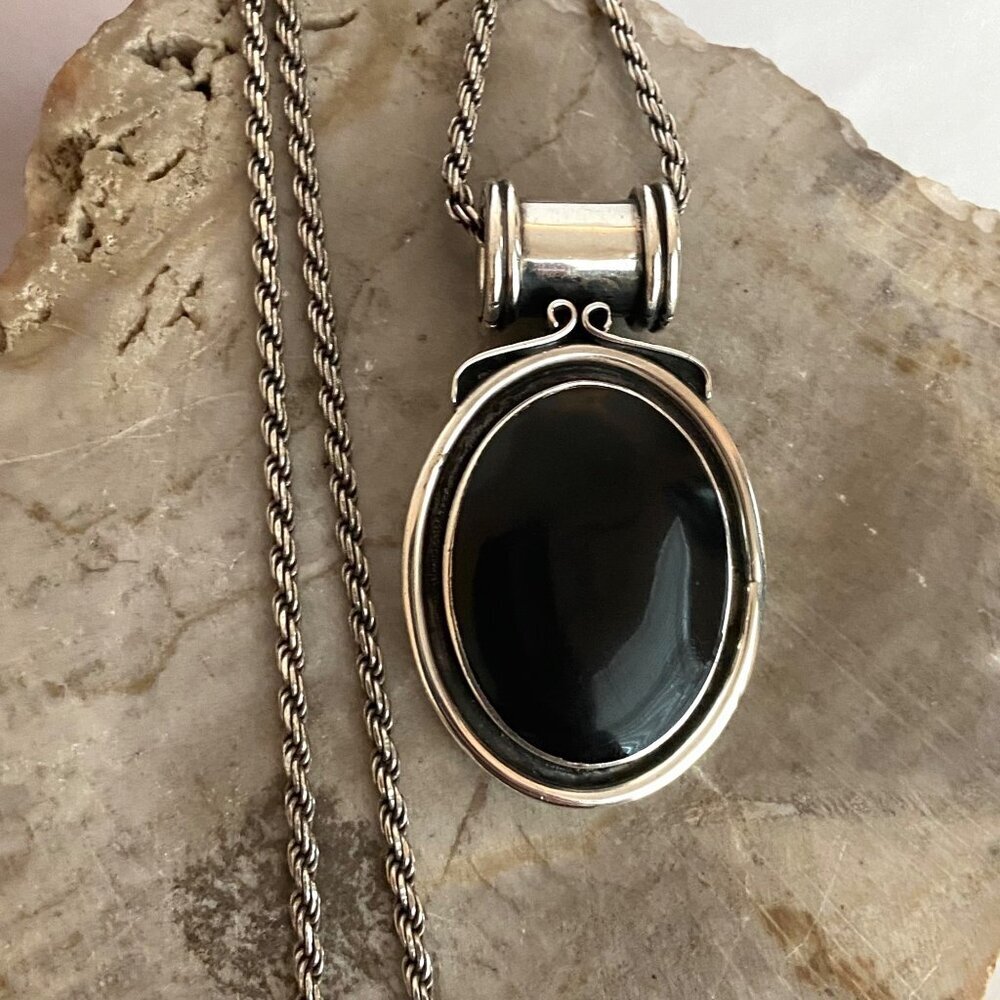 Sterling Silver 925 2" Chunky Oval Black Onyx Pendant Necklace 18" Rope Chain - Picture 13 of 16